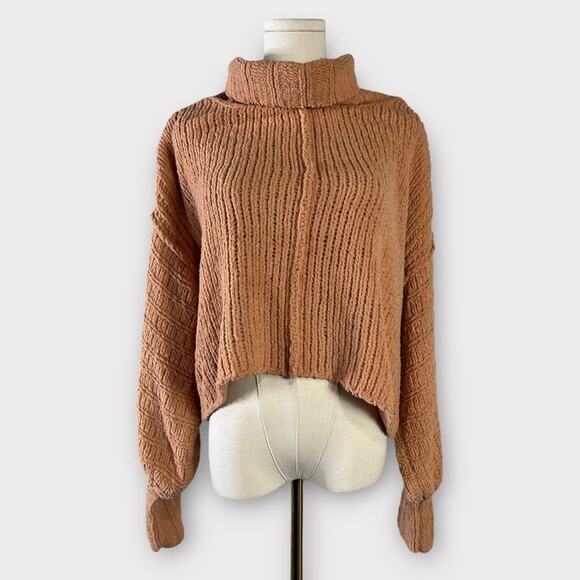 Free People Be Yours Chenille Chunky Knit Cowlneck Pullover Soft Camel Size XS - Picture 2 of 6